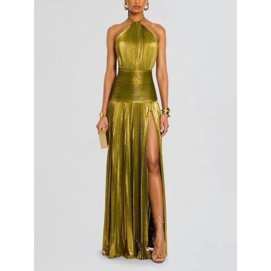 Women Elegant Solid Color Pleated Slit Backless Party Dress