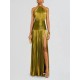 Women Elegant Solid Color Pleated Slit Backless Party Dress
