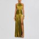 Women Elegant Solid Color Pleated Slit Backless Party Dress