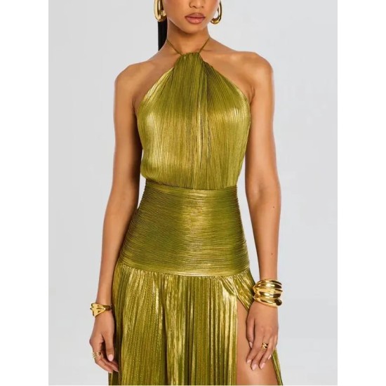 Women Elegant Solid Color Pleated Slit Backless Party Dress