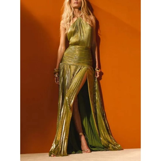 Women Elegant Solid Color Pleated Slit Backless Party Dress