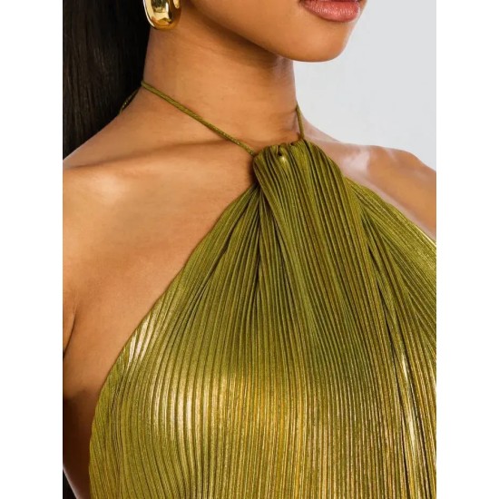 Women Elegant Solid Color Pleated Slit Backless Party Dress