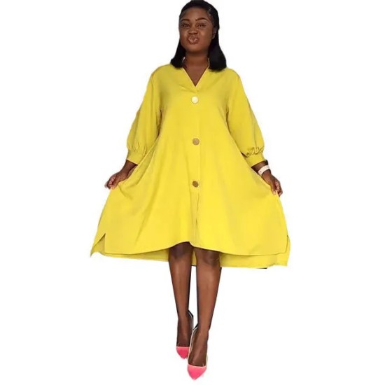 Women Fashio Casual Solid Color Irregular V-Neck Lantern Sleeve Single Breasted Loose Dress