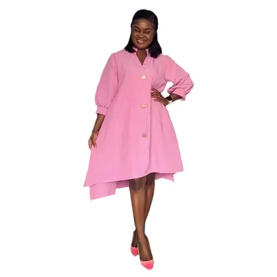 Women Fashio Casual Solid Color Irregular V-Neck Lantern Sleeve Single Breasted Loose Dress