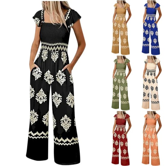 Women Bohemian Vintage Print Cap Sleeve High Waist Wide Leg Jumpsuit