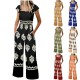 Women Bohemian Vintage Print Cap Sleeve High Waist Wide Leg Jumpsuit