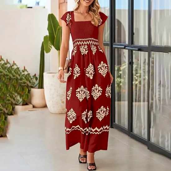 Women Bohemian Vintage Print Cap Sleeve High Waist Wide Leg Jumpsuit