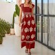 Women Bohemian Vintage Print Cap Sleeve High Waist Wide Leg Jumpsuit