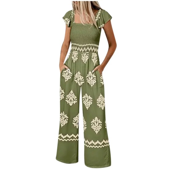 Women Bohemian Vintage Print Cap Sleeve High Waist Wide Leg Jumpsuit