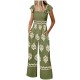 Women Bohemian Vintage Print Cap Sleeve High Waist Wide Leg Jumpsuit