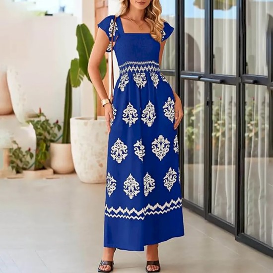 Women Bohemian Vintage Print Cap Sleeve High Waist Wide Leg Jumpsuit