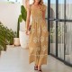 Women Bohemian Vintage Print Cap Sleeve High Waist Wide Leg Jumpsuit