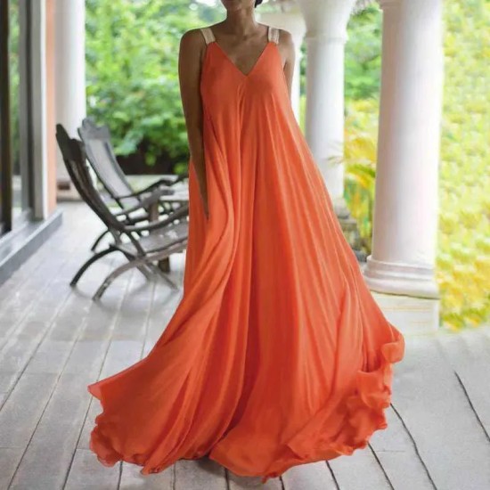 S-5XL Women Solid Color Sleeveless V-neck Maxi Dress