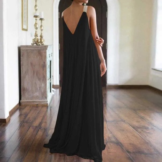 S-5XL Women Solid Color Sleeveless V-neck Maxi Dress