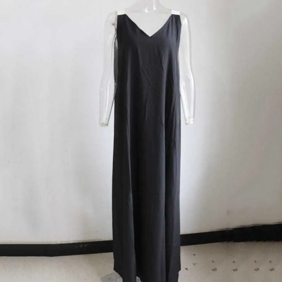 S-5XL Women Solid Color Sleeveless V-neck Maxi Dress