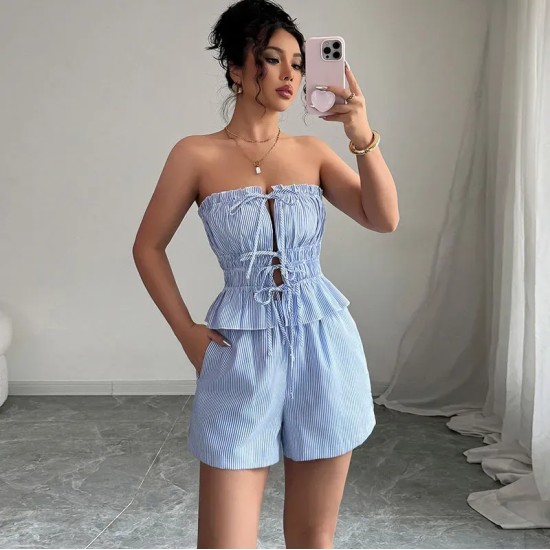 Women Summer Bowknot Stripe Tube Top Shorts Set
