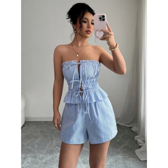 Women Summer Bowknot Stripe Tube Top Shorts Set