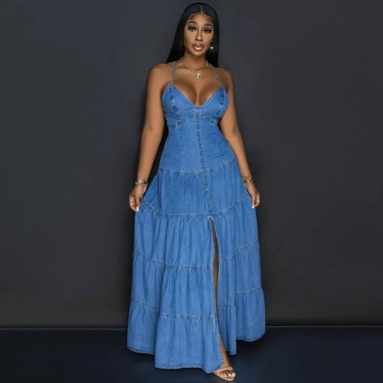 Women Summer Sexy Fashion V-Neck Spaghetti Strap Backless Denim Dress