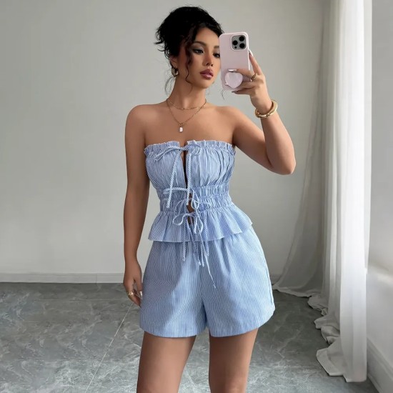 Women Summer Bowknot Stripe Tube Top Shorts Set