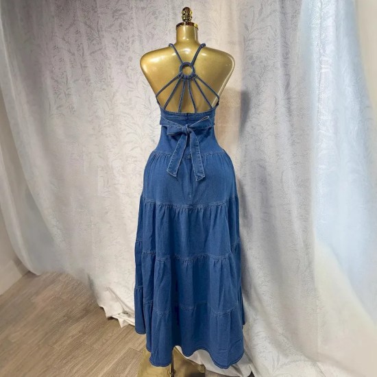 Women Summer Sexy Fashion V-Neck Spaghetti Strap Backless Denim Dress