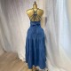 Women Summer Sexy Fashion V-Neck Spaghetti Strap Backless Denim Dress