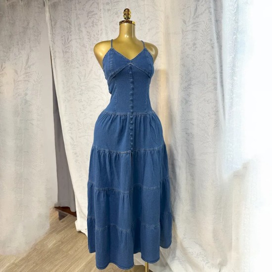 Women Summer Sexy Fashion V-Neck Spaghetti Strap Backless Denim Dress