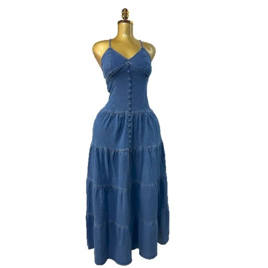 Women Summer Sexy Fashion V-Neck Spaghetti Strap Backless Denim Dress