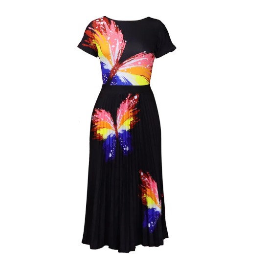 Women Fashion Plus Size Multicolor Butterfly Printed Short-Sleeved Top Pleated Skirt Two-Piece Set