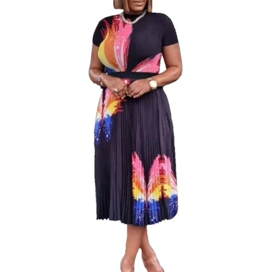 Women Fashion Plus Size Multicolor Butterfly Printed Short-Sleeved Top Pleated Skirt Two-Piece Set