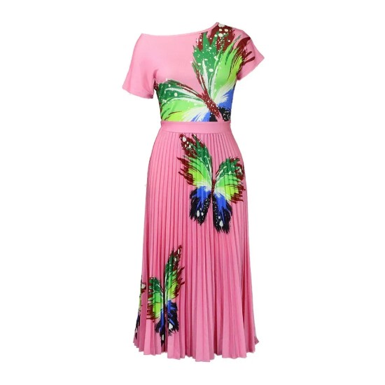 Women Fashion Plus Size Multicolor Butterfly Printed Short-Sleeved Top Pleated Skirt Two-Piece Set