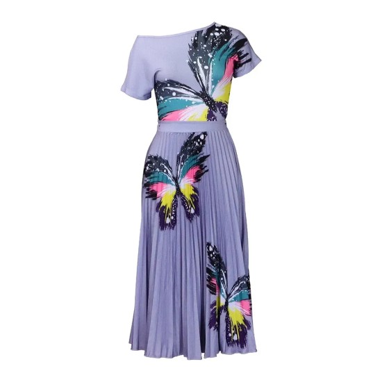 Women Fashion Plus Size Multicolor Butterfly Printed Short-Sleeved Top Pleated Skirt Two-Piece Set