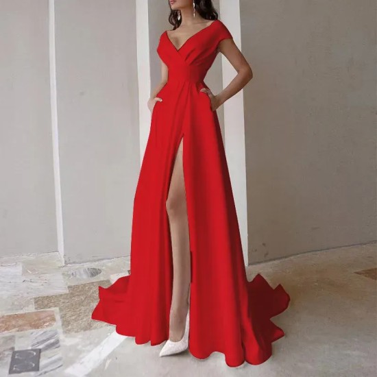 Women Solid Color V-Neck Sleeveless High Split Evening Dress