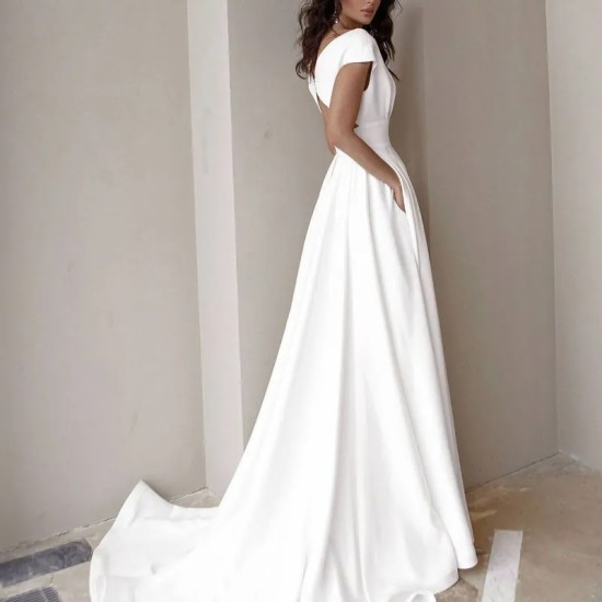 Women Solid Color V-Neck Sleeveless High Split Evening Dress