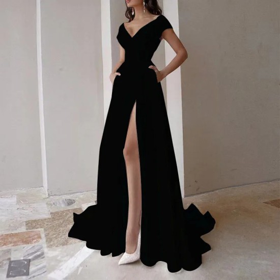 Women Solid Color V-Neck Sleeveless High Split Evening Dress