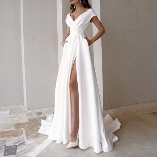 Women Solid Color V-Neck Sleeveless High Split Evening Dress