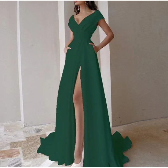 Women Solid Color V-Neck Sleeveless High Split Evening Dress
