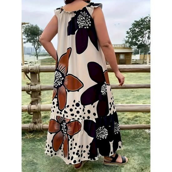 Women Fashion Casual Plus Size Floral Printed Sleeveless Pocket Loose Dress