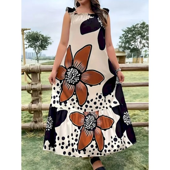 Women Fashion Casual Plus Size Floral Printed Sleeveless Pocket Loose Dress
