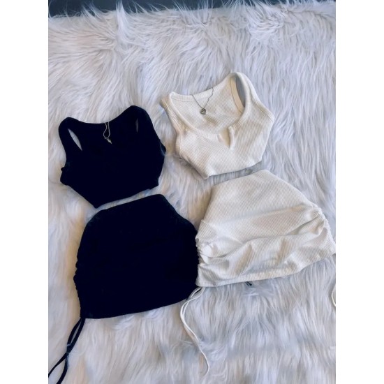 Women Fashion Casual Tank Top Drawstring Tight Mini Skirt Set