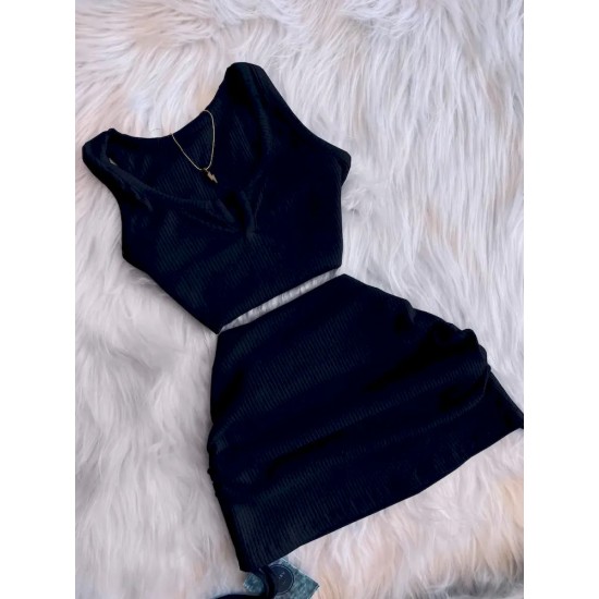 Women Fashion Casual Tank Top Drawstring Tight Mini Skirt Set