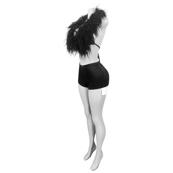 Fashion Women Sexy Nightclub Halter Neck Feather Top Satin Shorts Two-Piece Set