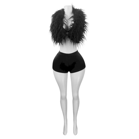 Fashion Women Sexy Nightclub Halter Neck Feather Top Satin Shorts Two-Piece Set