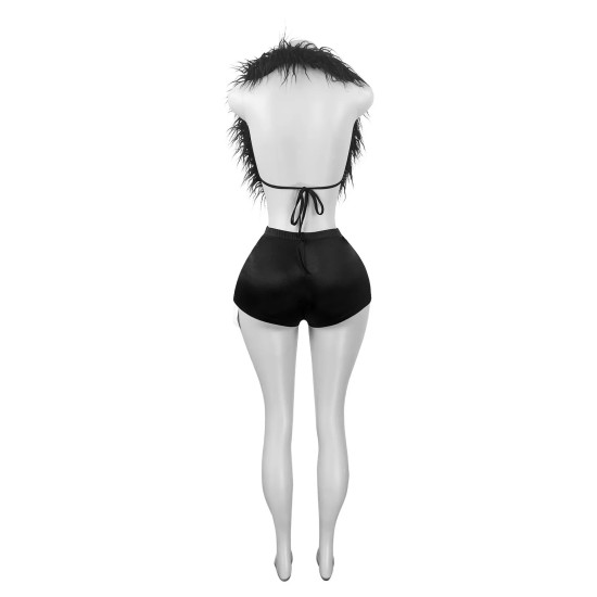 Fashion Women Sexy Nightclub Halter Neck Feather Top Satin Shorts Two-Piece Set