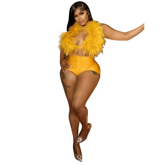 Fashion Women Sexy Nightclub Halter Neck Feather Top Satin Shorts Two-Piece Set