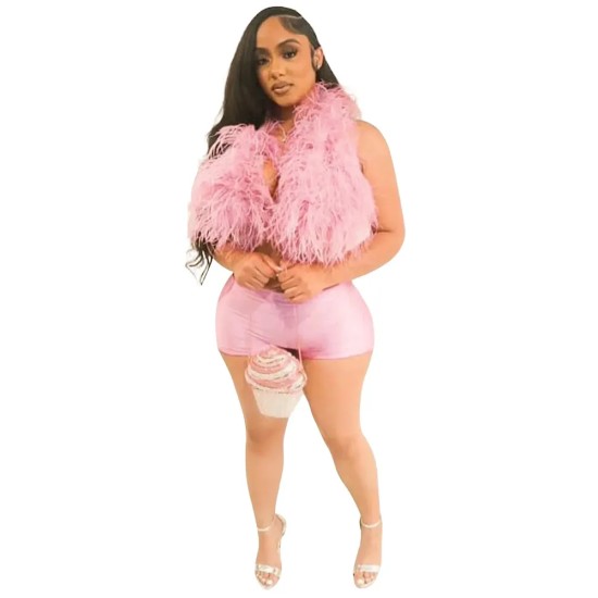 Fashion Women Sexy Nightclub Halter Neck Feather Top Satin Shorts Two-Piece Set