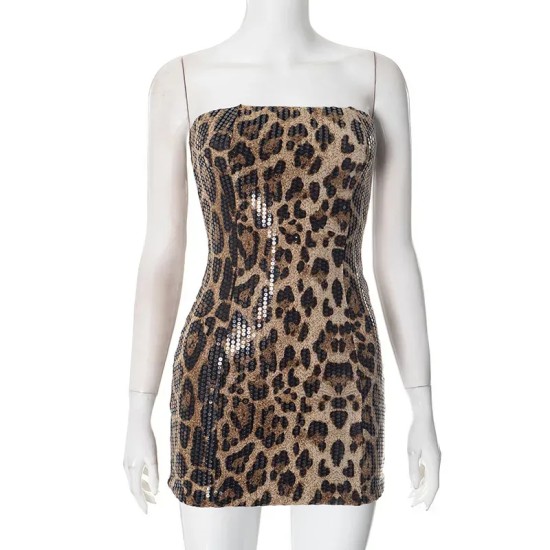 Women Nightclub Sexy Leopard Sequins Strapless Bodycon Dresses