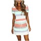 Women Fashion Casual Stripe V-Neck Short-Sleeve Tight Waist Dress