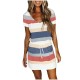 Women Fashion Casual Stripe V-Neck Short-Sleeve Tight Waist Dress
