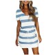 Women Fashion Casual Stripe V-Neck Short-Sleeve Tight Waist Dress