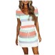 Women Fashion Casual Stripe V-Neck Short-Sleeve Tight Waist Dress